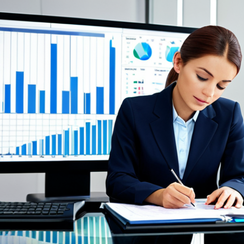 **

A professional accountant in a modest office attire, analyzing a financial report on a spreadsheet. The office background should be clean and modern. Include charts and graphs on the screen. Safe for work, appropriate content, fully clothed, professional, perfect anatomy, natural proportions, high resolution.

**
